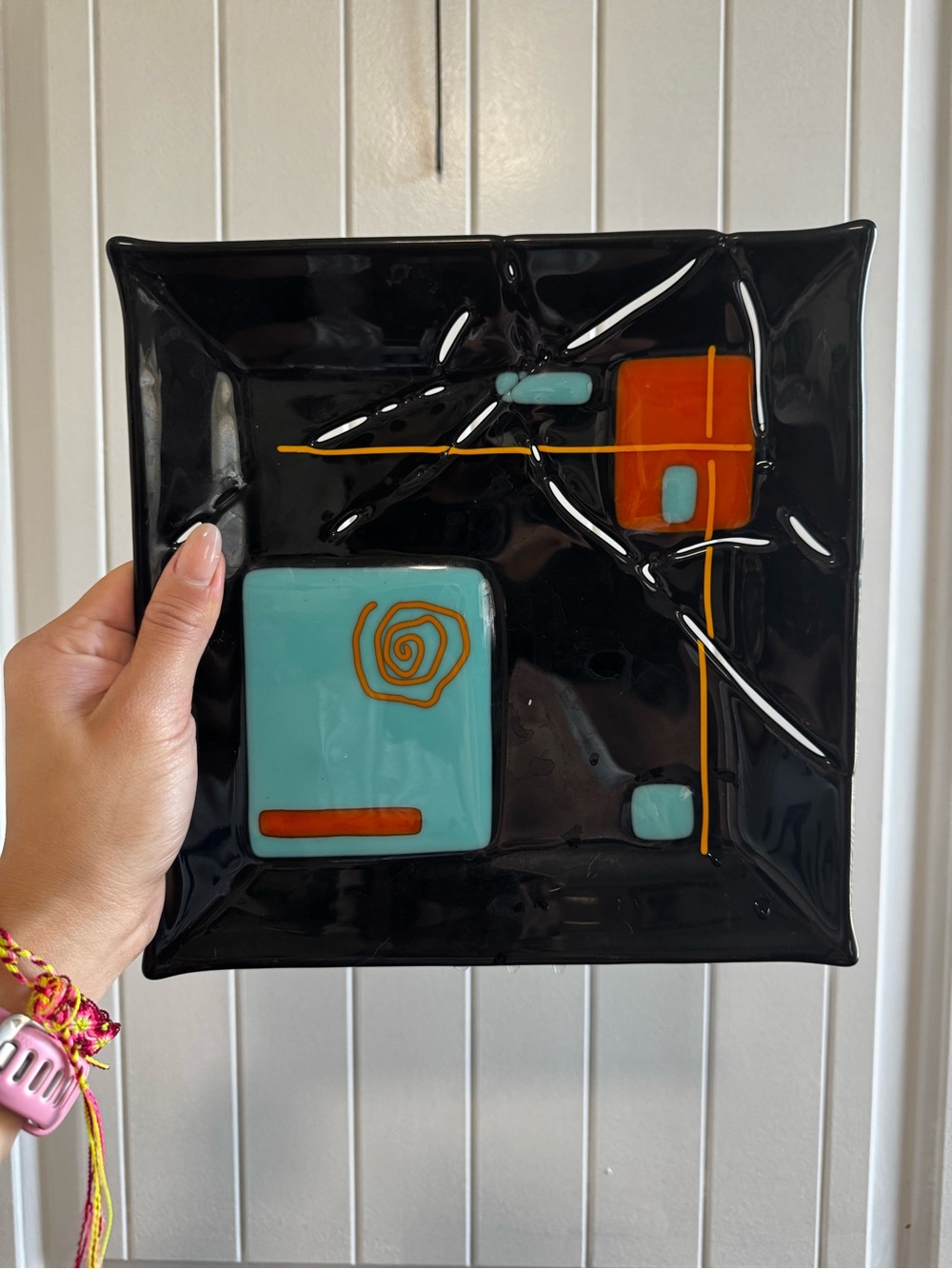 MCM Black Fused Glass Decorative Plate with Aqua & Orange Geometric Design